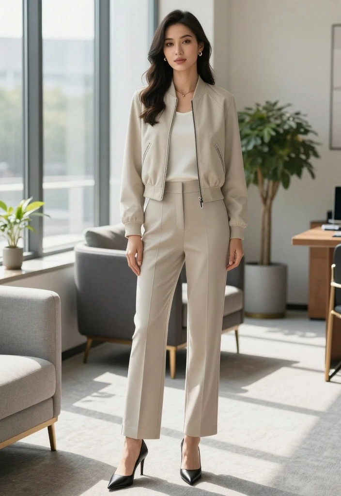 16 Aviator Jacket Outfit Ideas For Women With Cool Attitude - 12. Classic with Straight-Leg Trousers 1