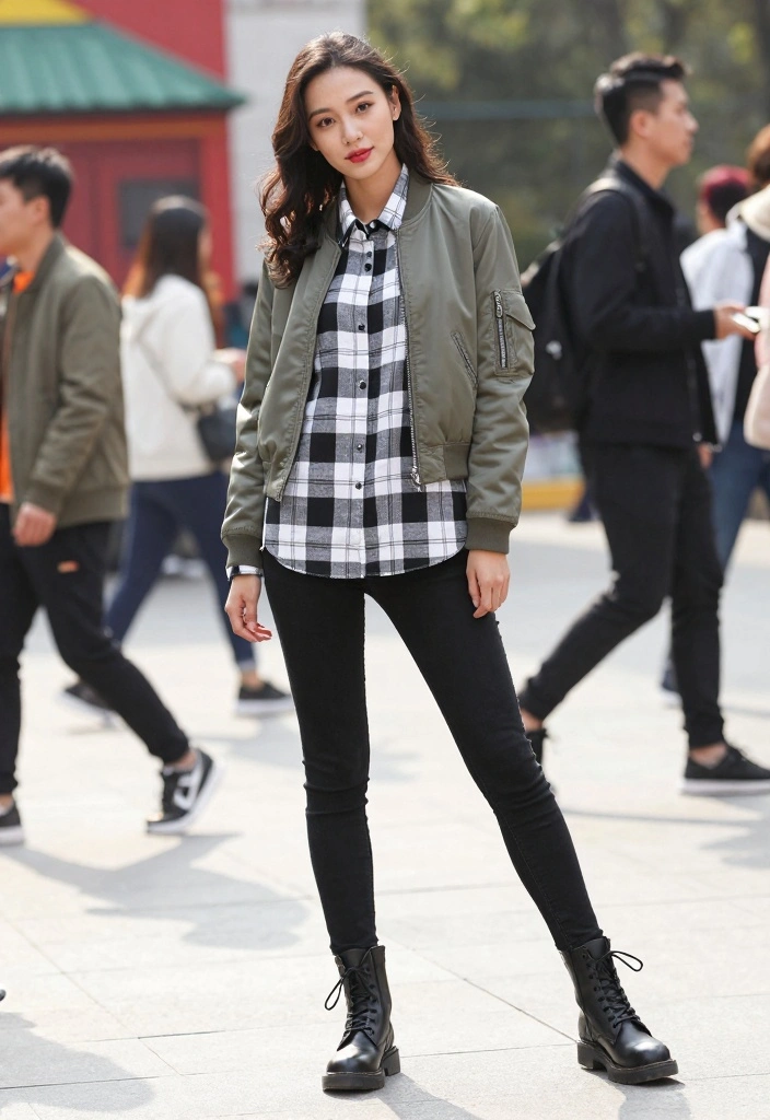 16 Aviator Jacket Outfit Ideas For Women With Cool Attitude - 15. Playful Patterns with a Checked Shirt 1