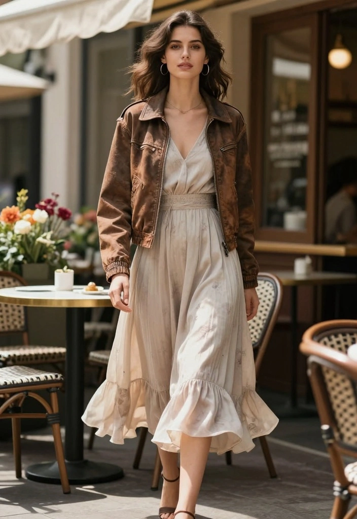 16 Aviator Jacket Outfit Ideas For Women With Cool Attitude - 4. Feminine Touch with a Midi Dress 1