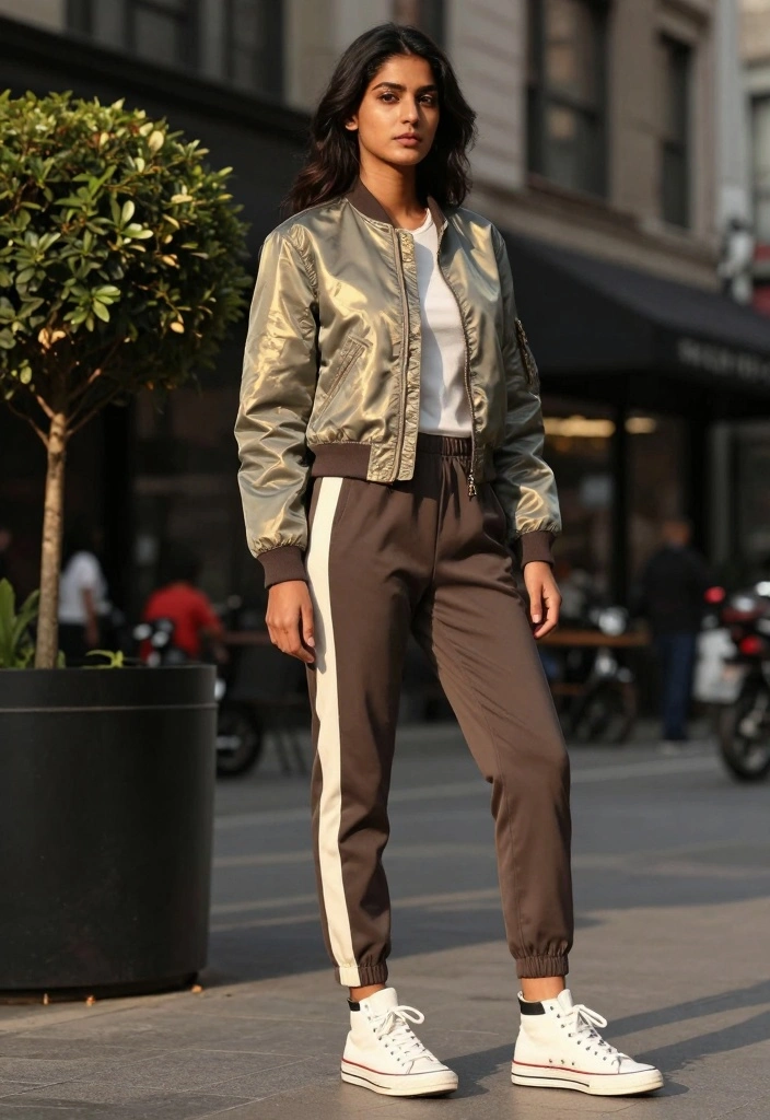16 Aviator Jacket Outfit Ideas For Women With Cool Attitude - 5. Sporty Vibes with Track Pants 1