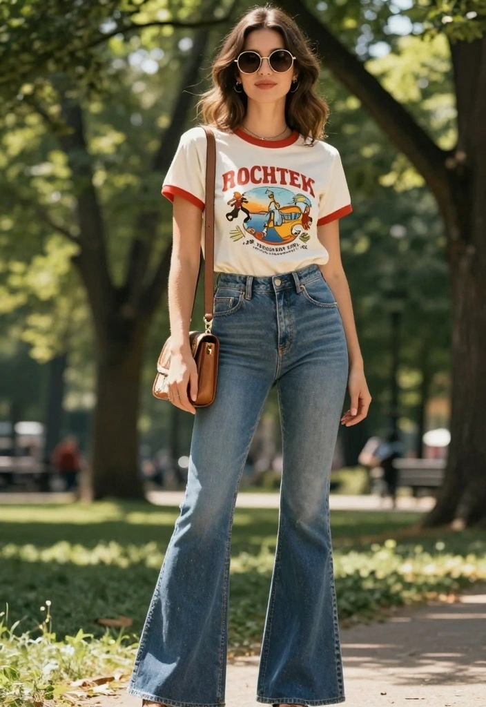 16 Bell Bottom Jeans Outfit Ideas For Women With Vintage Flair - 1. Retro T-Shirt & Bell Bottoms 1