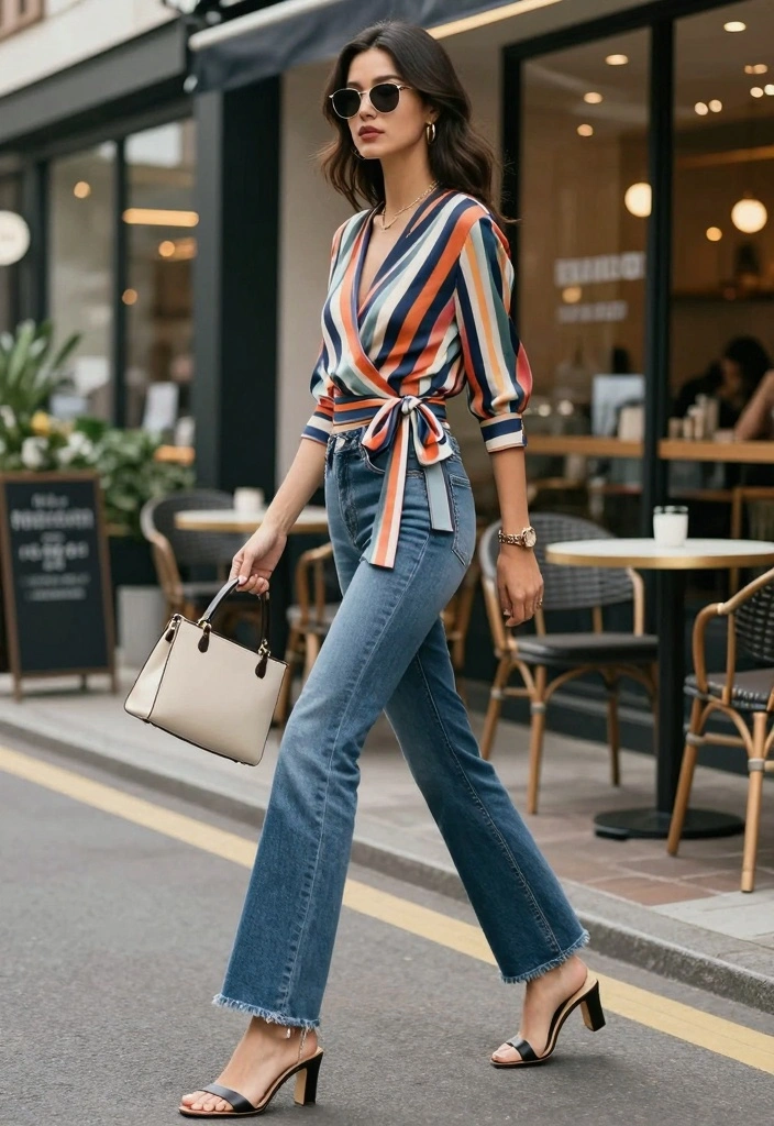 16 Bell Bottom Jeans Outfit Ideas For Women With Vintage Flair - 11. Striped Wrap Top & Flares 1