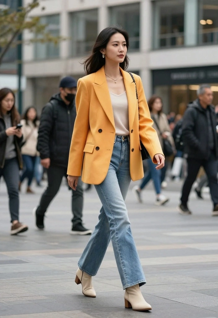 16 Bell Bottom Jeans Outfit Ideas For Women With Vintage Flair - 12. Brightly Colored Blazer & Bells 1