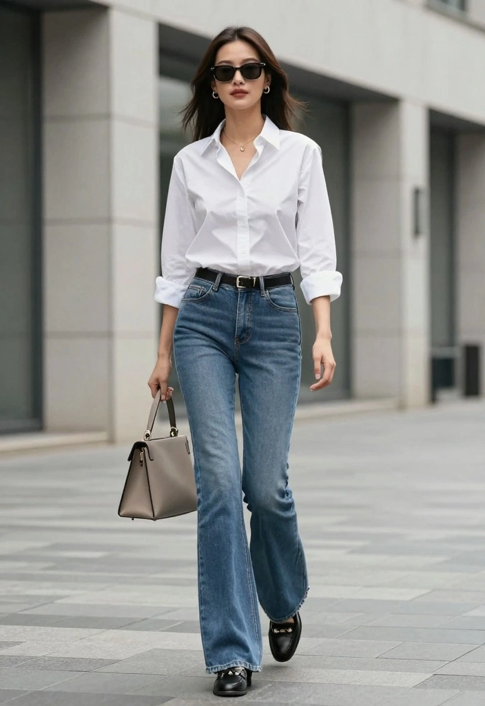 16 Bell Bottom Jeans Outfit Ideas For Women With Vintage Flair - 16. Classic White Button-Up & Flares 1