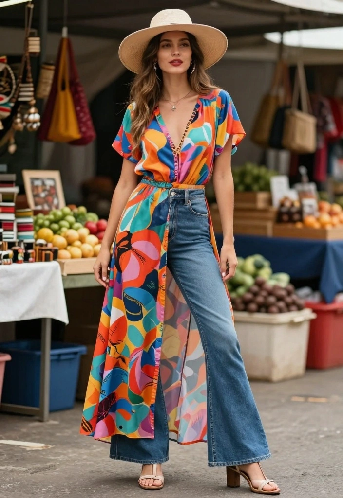 16 Bell Bottom Jeans Outfit Ideas For Women With Vintage Flair - 5. Printed Maxi & Jeans 1