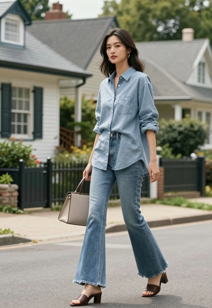16 Bell Bottom Jeans Outfit Ideas For Women With Vintage Flair - 7. Chambray Shirt & Bells 1