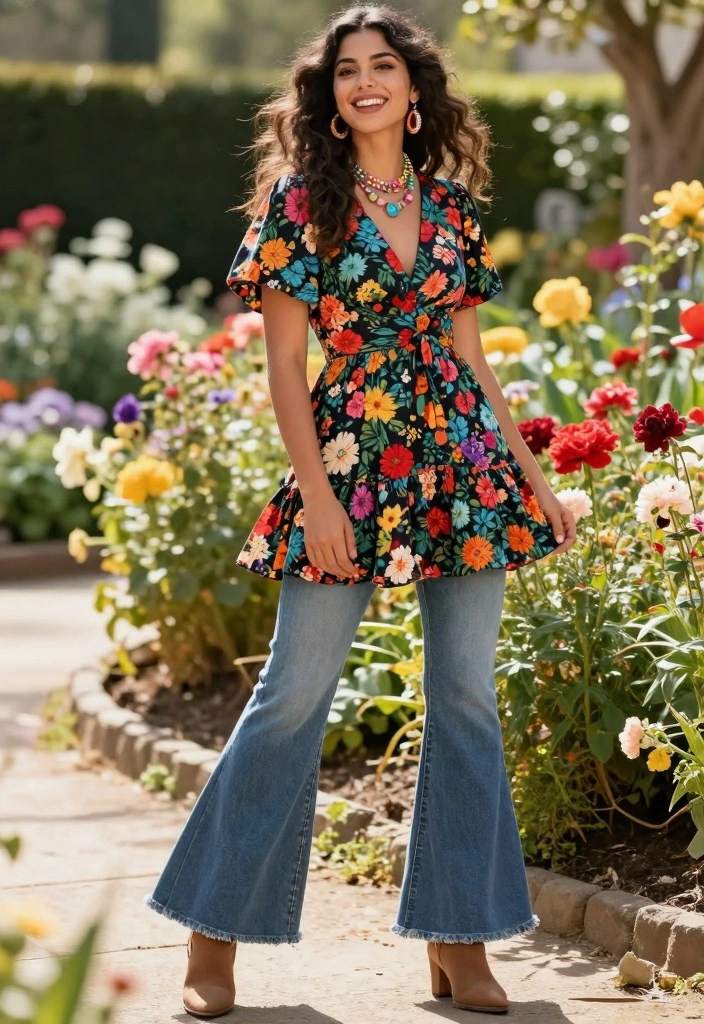 16 Bell Bottom Jeans Outfit Ideas For Women With Vintage Flair - 9. Floral Minidress & Jeans 1