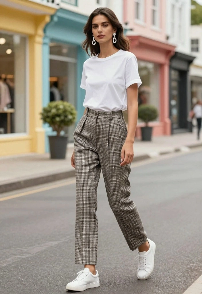 16 Checkered Pants Outfit Ideas For Women With Playful Pattern - 1. Classic White Tee with Checkered Trousers 1