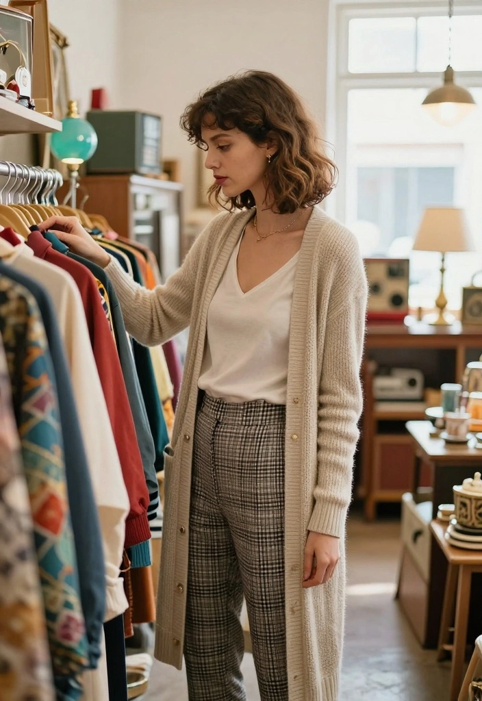 16 Checkered Pants Outfit Ideas For Women With Playful Pattern - 13. Vintage Inspired Look with Cardigans 1
