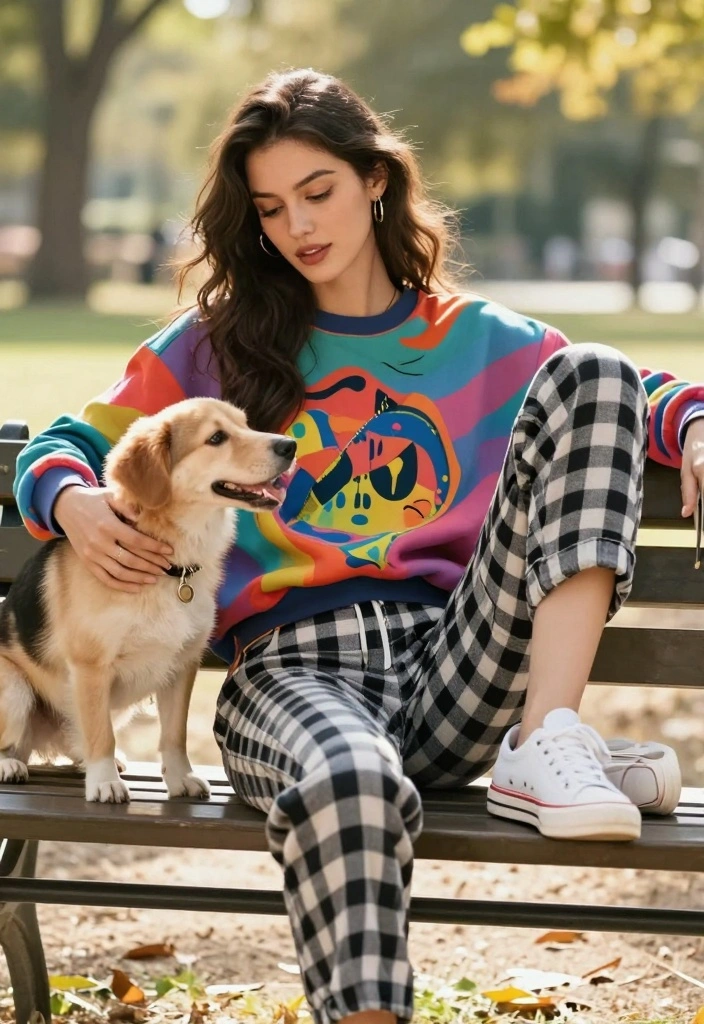 16 Checkered Pants Outfit Ideas For Women With Playful Pattern - 4. Sporty Vibes with a Sweatshirt 1