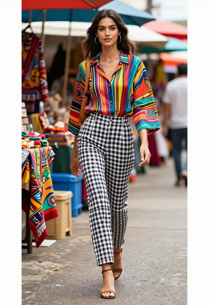 16 Checkered Pants Outfit Ideas For Women With Playful Pattern - 5. Bold Colors and Checkered Patterns 1