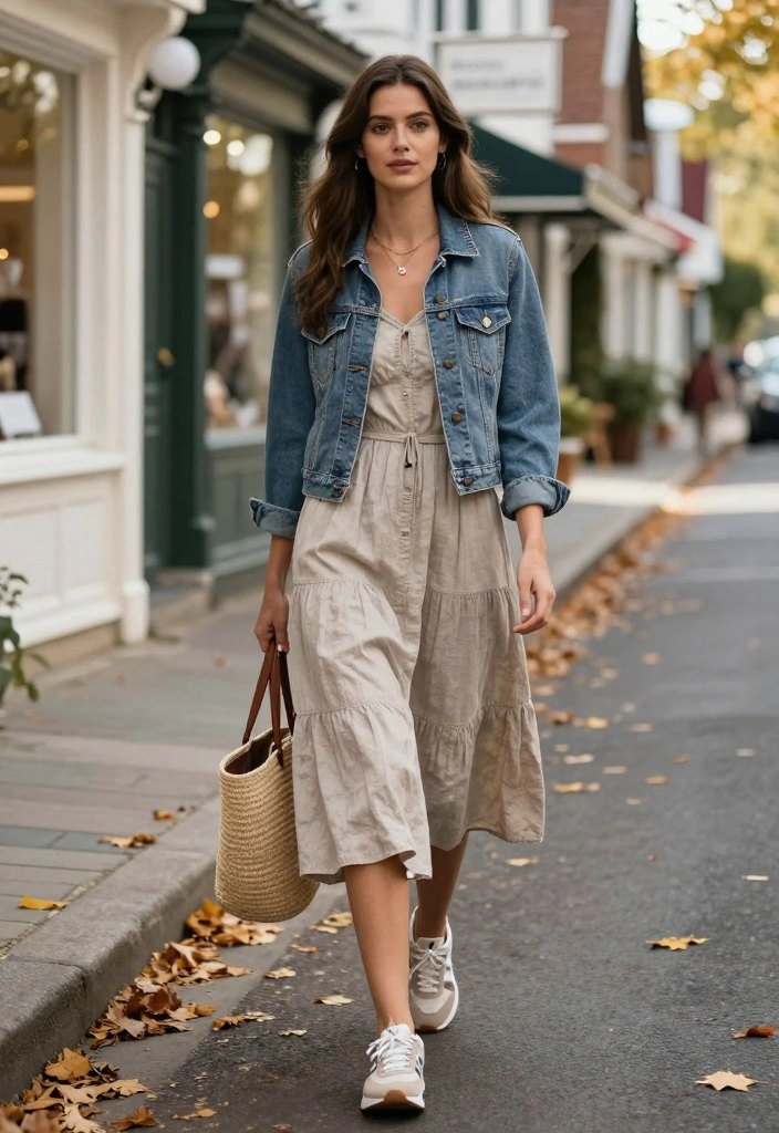 16 Fall Aesthetic Outfit Ideas For Women You Will Love - 9. Casual Midi Dress and Sneakers 1