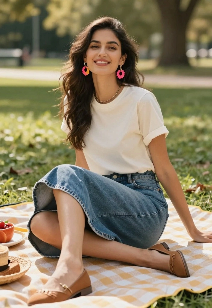 16 Jean Outfit Ideas For Black Women With Confident Style - 6. Denim Midi Skirt with a Casual Tee 1
