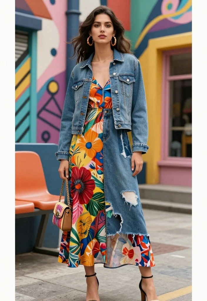16 Jean Outfit Ideas For Black Women With Confident Style - 7. Layered Denim and Prints 1