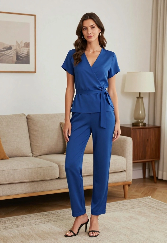 16 Royal Blue Pants Outfit Ideas For Women With Bold Colour - 11. Effortless Elegance: Wrap Top and Royal Blue Trousers 1