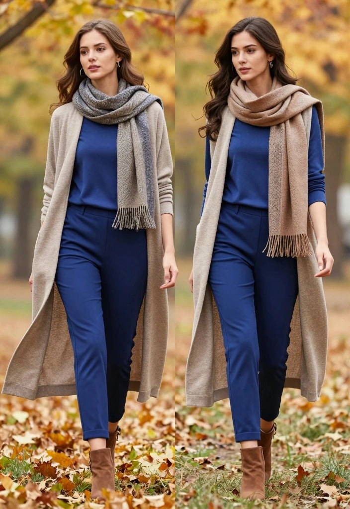 16 Royal Blue Pants Outfit Ideas For Women With Bold Colour - 15. Layer with a Long Cardigan: Cozy Royal Blue Pants Look 1