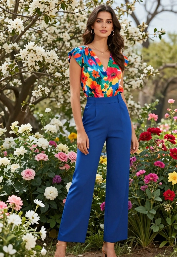 16 Royal Blue Pants Outfit Ideas For Women With Bold Colour - 4. Mixing Prints: Floral Top with Blue Trousers 1