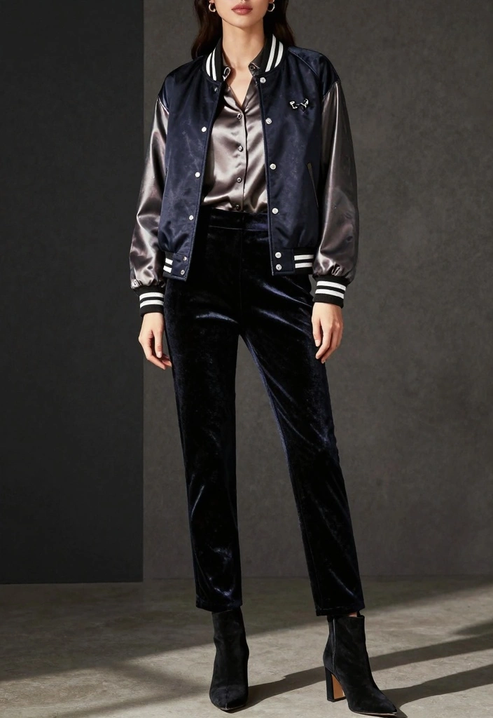 16 Varsity Jacket Outfit Ideas For Women With Sporty Charm - 10. Mixing Textures 1