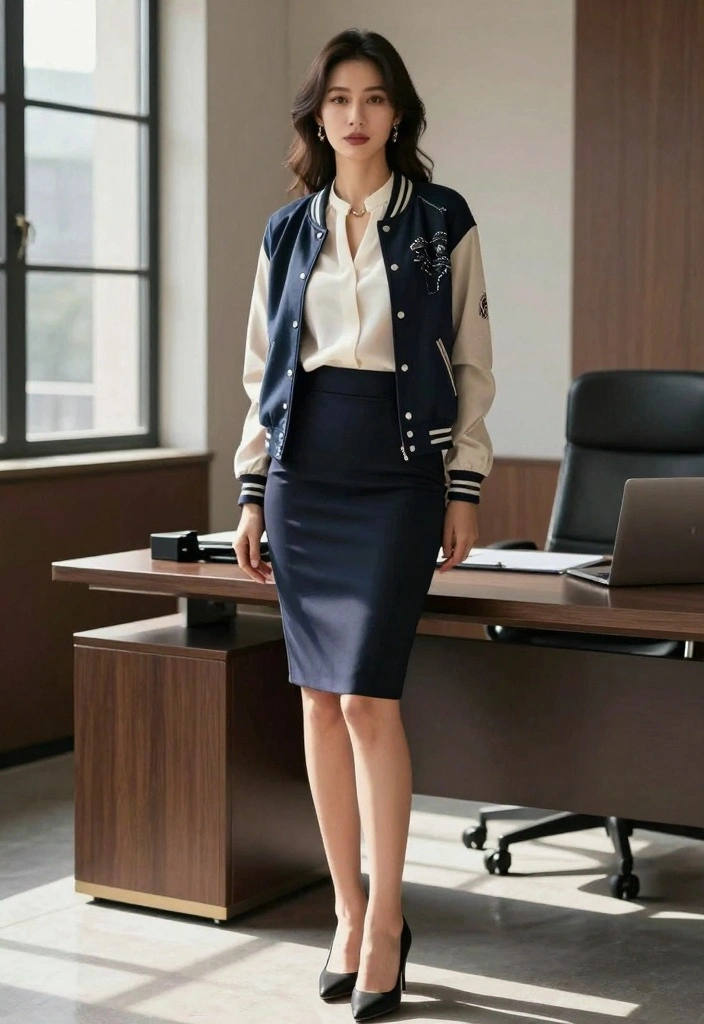 16 Varsity Jacket Outfit Ideas For Women With Sporty Charm - 12. Dressy with a Pencil Skirt 1
