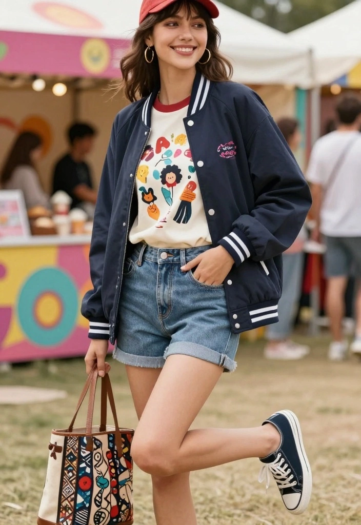 16 Varsity Jacket Outfit Ideas For Women With Sporty Charm - 14. Playful with Graphic Tees 1