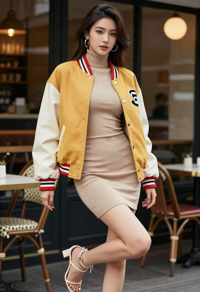 16 Varsity Jacket Outfit Ideas For Women With Sporty Charm - 6. Varsity Jacket Dress-Up 1