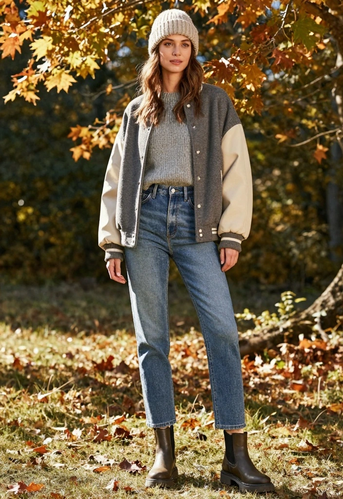 16 Varsity Jacket Outfit Ideas For Women With Sporty Charm - 7. Cozy Layering for Fall 1