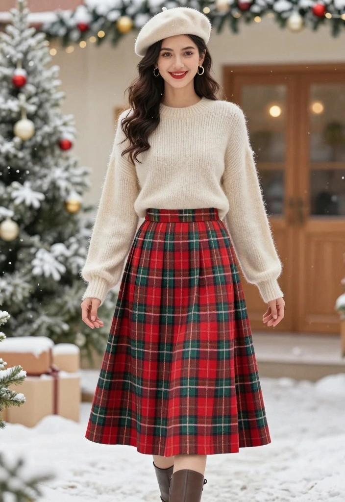 16 Winter Birthday Outfit Ideas For Black Women With Glam Warmth - 8. Stylish Tartan Skirt with a Cozy Pullover 1