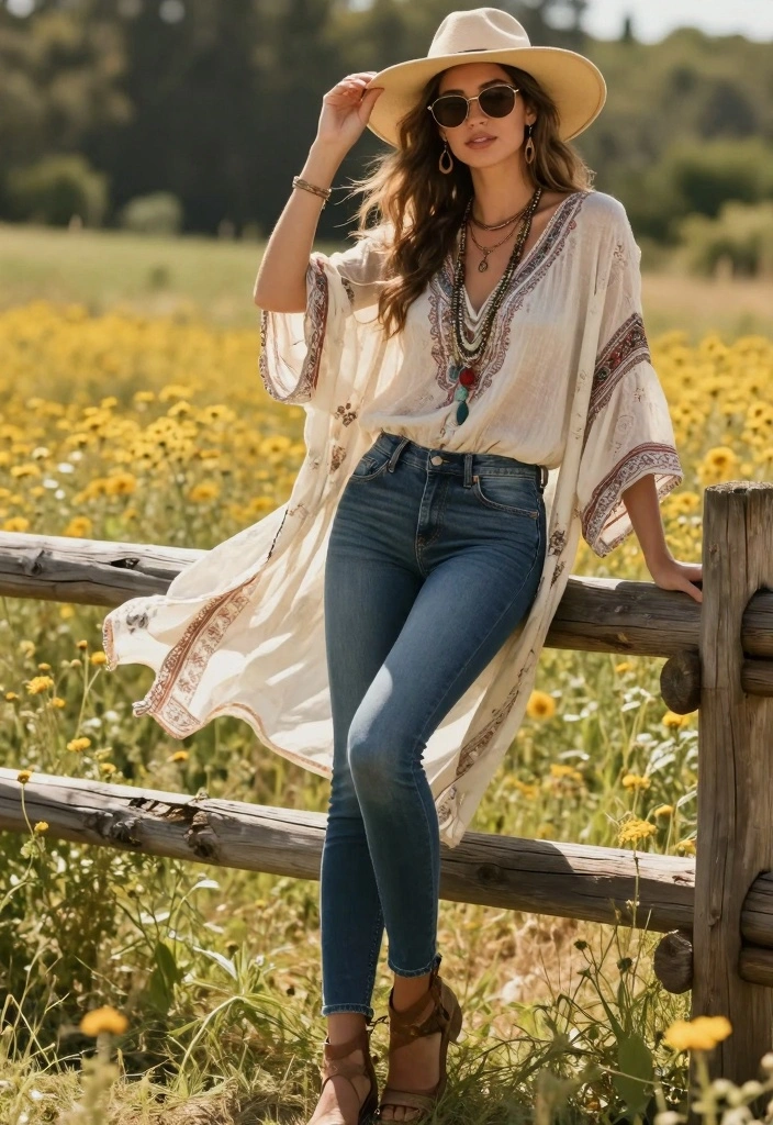 16 Women Outfit Ideas With Jeans For Everyday Wear - 2. Boho Chic with a Flowing Tunic 1