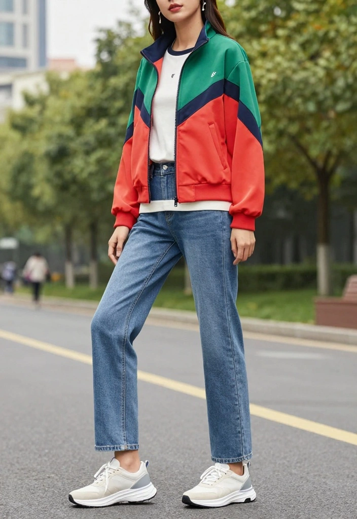 16 Women Outfit Ideas With Jeans For Everyday Wear - 6. Sporty Chic with a Tracksuit Jacket 1