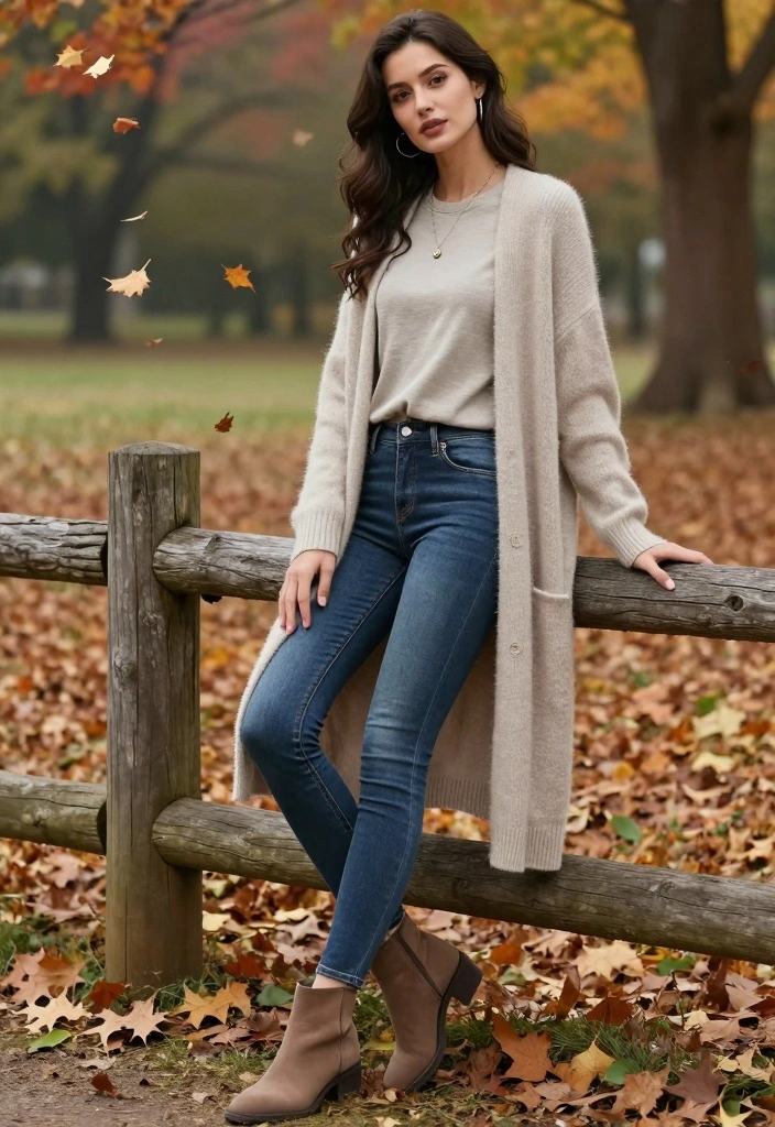 16 Women Outfit Ideas With Jeans For Everyday Wear - 7. Layered Look with a Long Cardigan 1