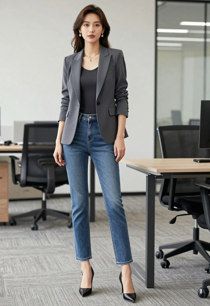 16 Women Outfit Ideas With Jeans For Everyday Wear - 9. Sophisticated Blazer with Fitted Jeans 1