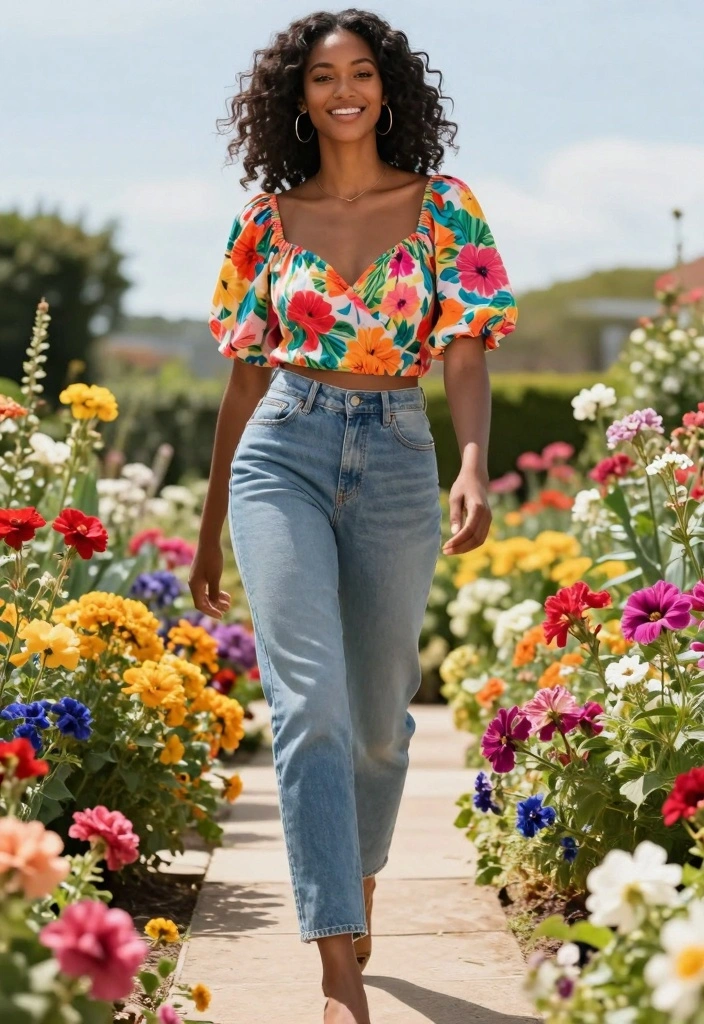 17 Boyfriend Jeans Outfit Ideas For Black Women With Effortless Style - 15. Playful Prints: Boyfriend Jeans with a Floral Top 1