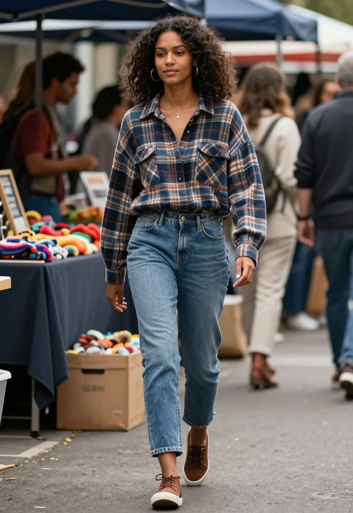 17 Boyfriend Jeans Outfit Ideas For Black Women With Effortless Style - 17. Cozy Layers: Boyfriend Jeans and a Flannel Shirt 1