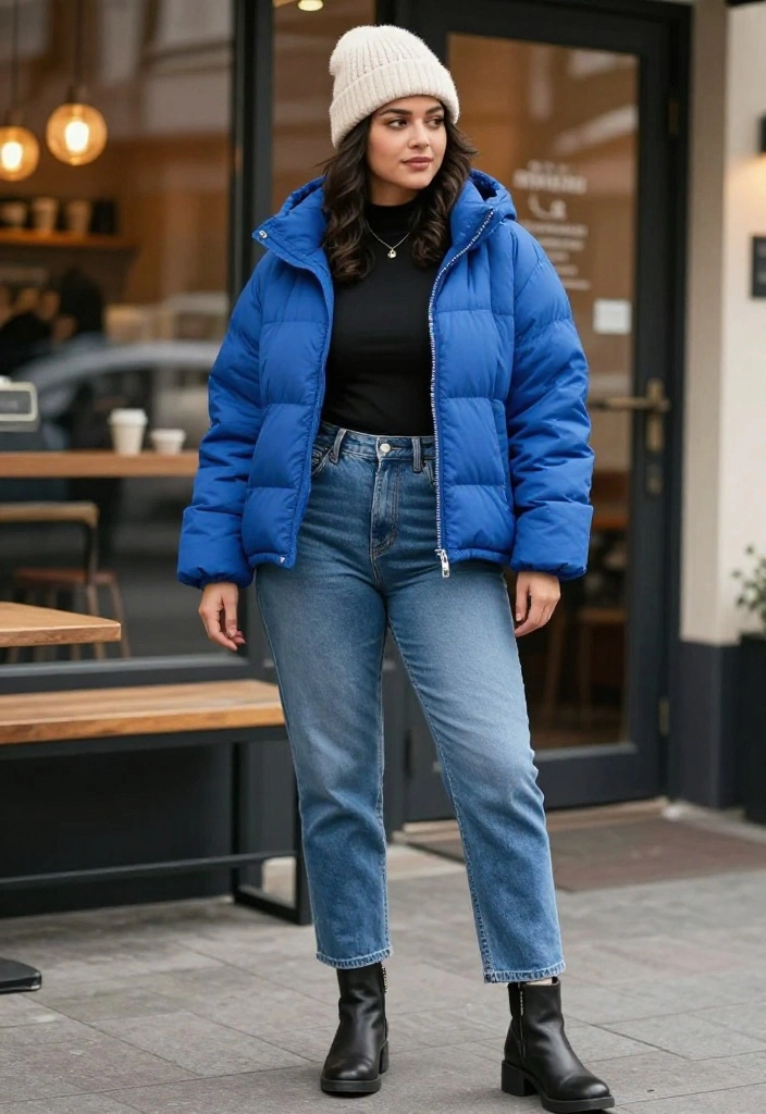 12 Blue Puffer Jacket Outfit Ideas for Women That Stay Stylish - 1. Casual Chic with Denim 1