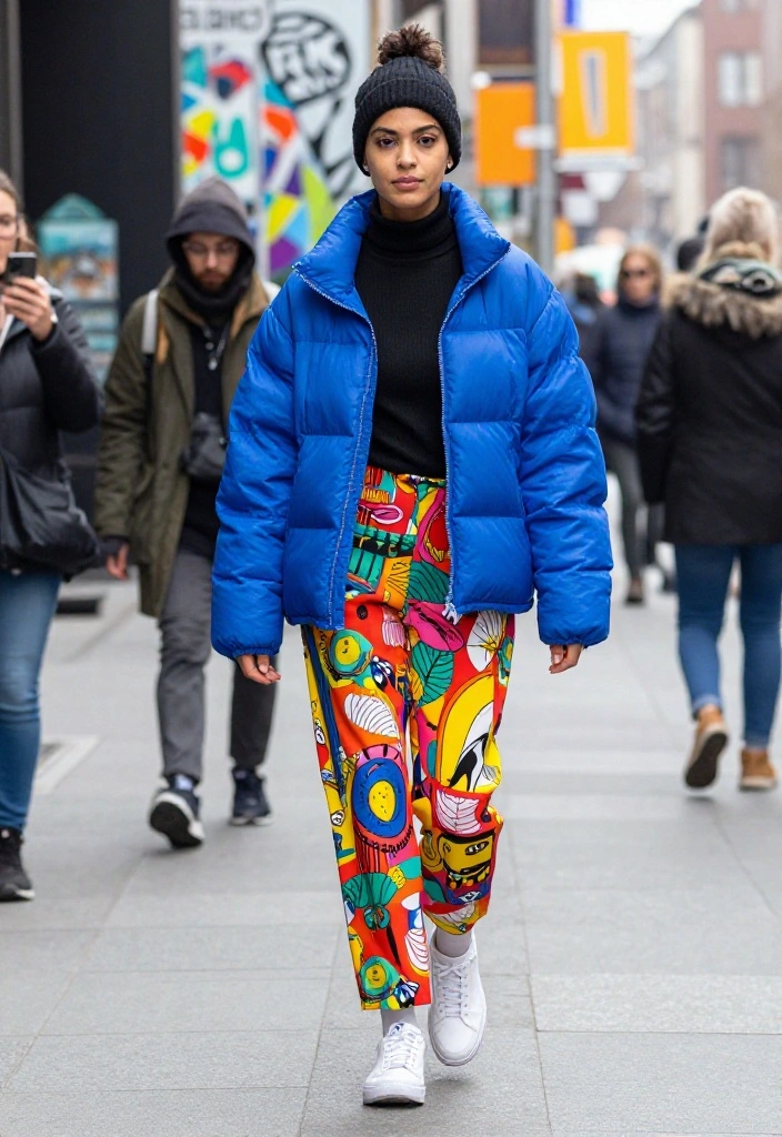 12 Blue Puffer Jacket Outfit Ideas for Women That Stay Stylish - 12. Playful Patterns with Printed Pants 1