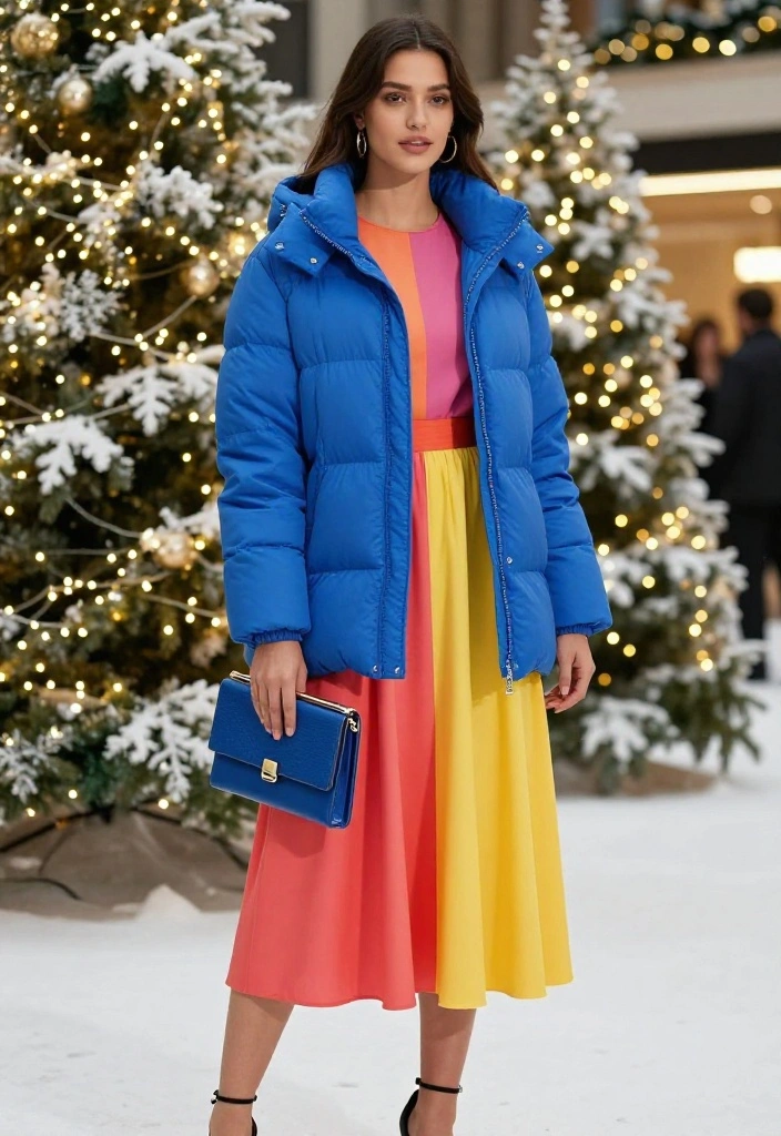 12 Blue Puffer Jacket Outfit Ideas for Women That Stay Stylish - 3. Effortless Elegance with a Midi Dress 1