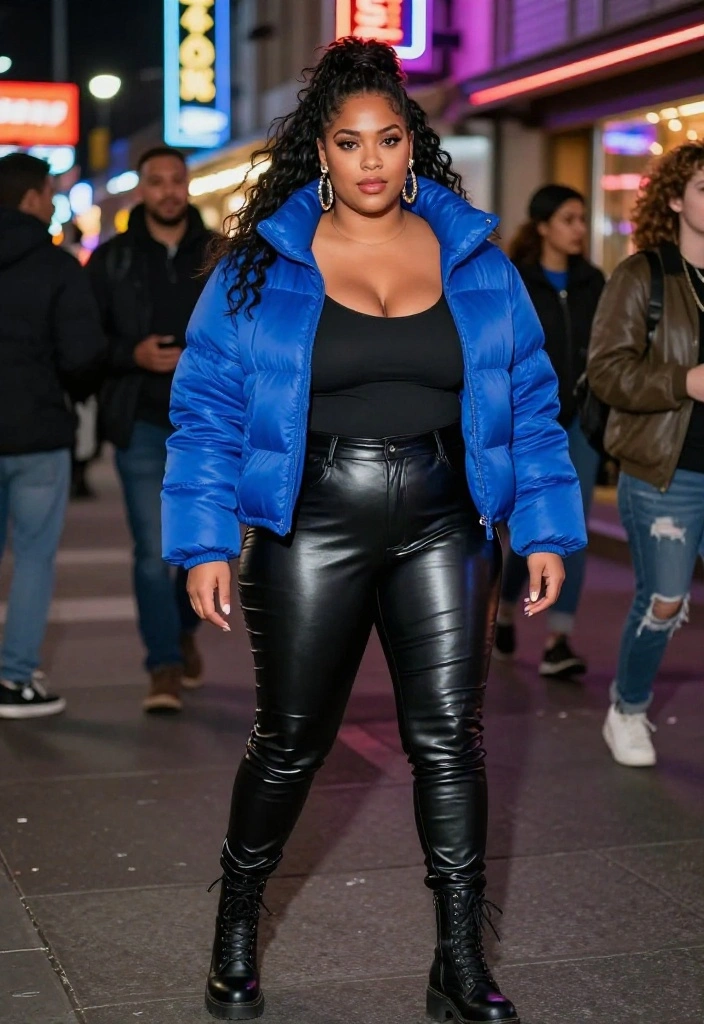 12 Blue Puffer Jacket Outfit Ideas for Women That Stay Stylish - 4. Edgy Vibes with Leather Pants 1