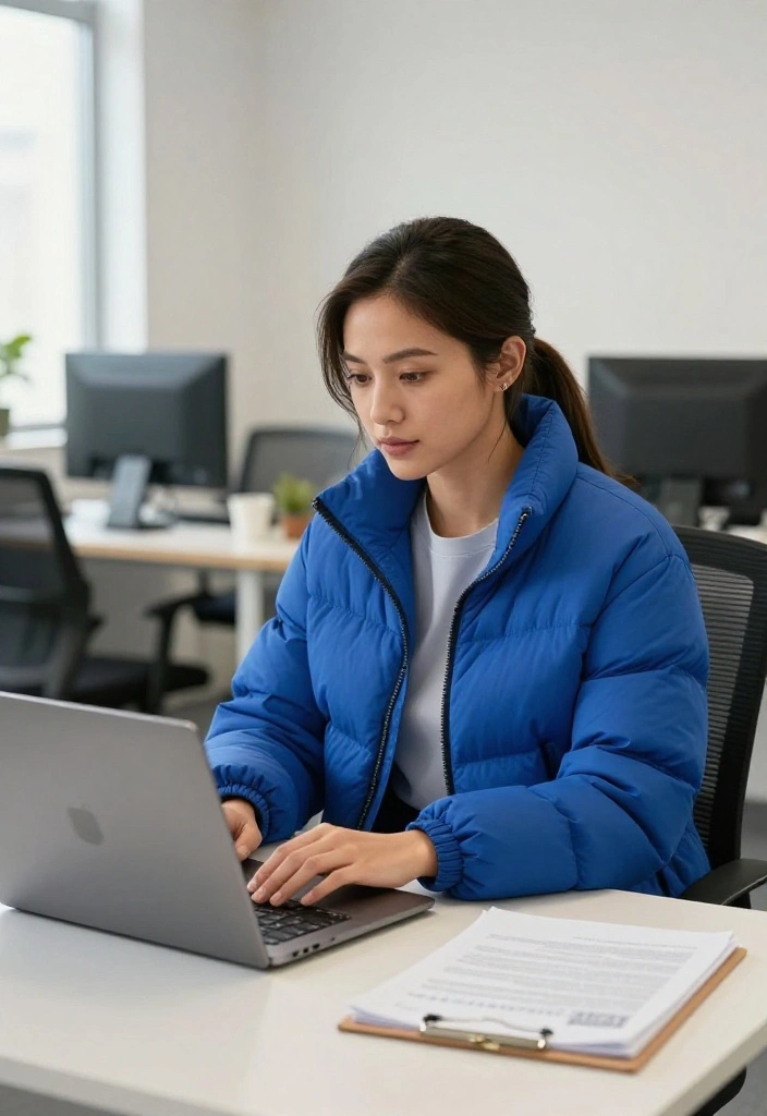 12 Blue Puffer Jacket Outfit Ideas for Women That Stay Stylish - 5. Office Ready with Tailored Trousers 1