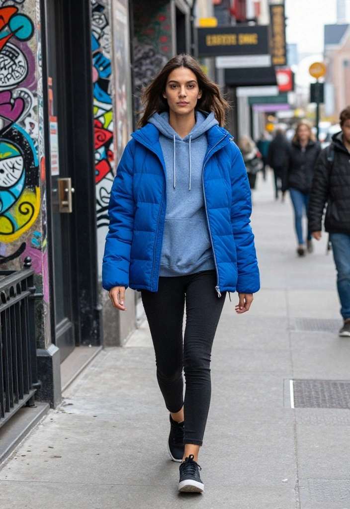 12 Blue Puffer Jacket Outfit Ideas for Women That Stay Stylish - 7. Street Style with a Hoodie 1