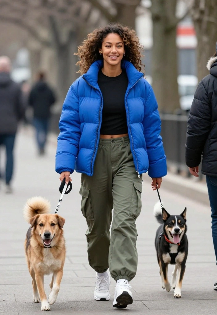 12 Blue Puffer Jacket Outfit Ideas for Women That Stay Stylish - 9. Weekend Vibes with Cargo Pants 1