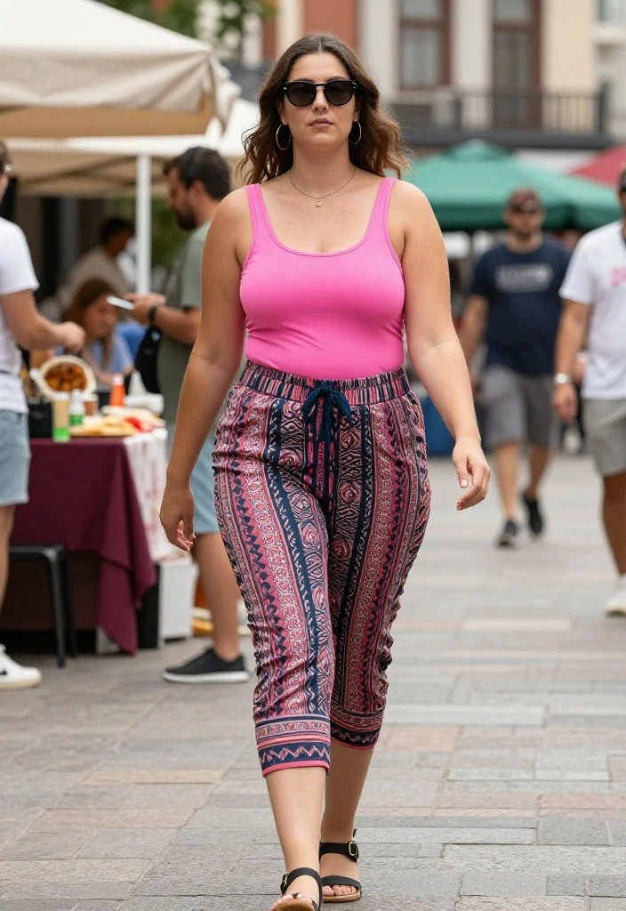 12 Pink Tank Top Outfit Ideas for Women That Work Beyond the Gym - 8. Trendy Twist: Pink Tank Top with Printed Culottes 1