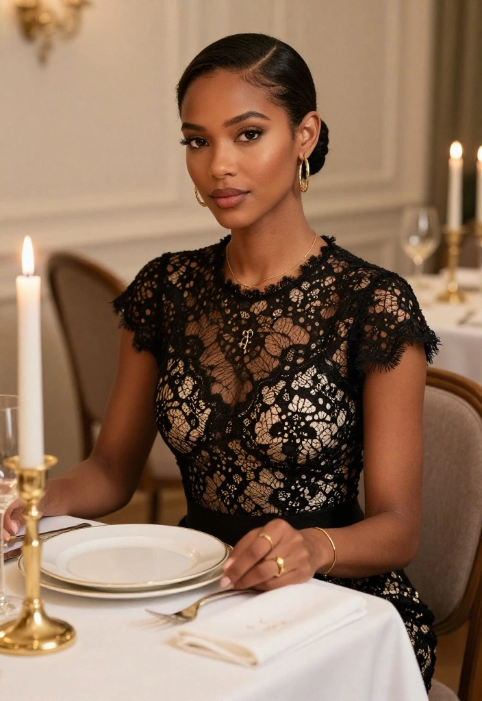 14 Black and Gold Outfits for Women That Keep Gold From Looking Costume - 12. Black Lace Dress with Gold Detailing 1