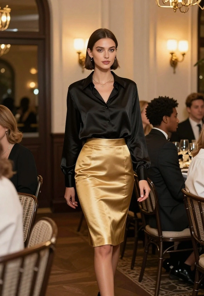 14 Black and Gold Outfits for Women That Keep Gold From Looking Costume - 13. Black Silk Blouse with Gold Pencil Skirt 1
