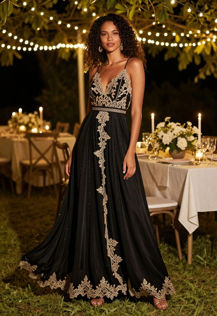 14 Black and Gold Outfits for Women That Keep Gold From Looking Costume - 3. Sophisticated Maxi Dress with Subtle Gold Details 1
