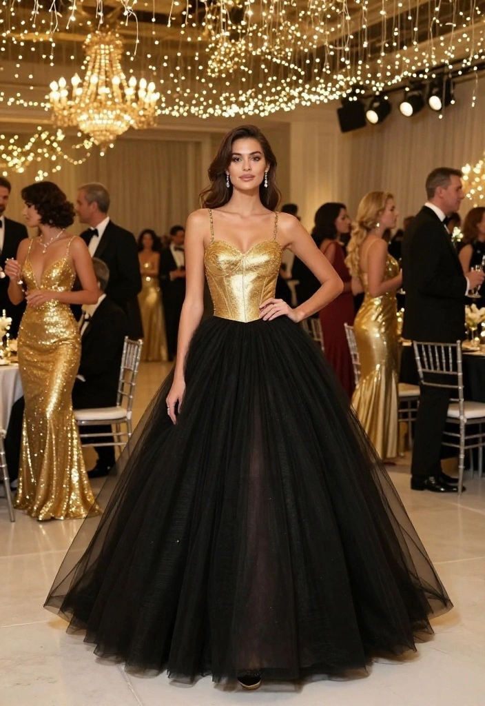 14 Black and Gold Outfits for Women That Keep Gold From Looking Costume - 7. Black Tulle Skirt with Gold Top 1