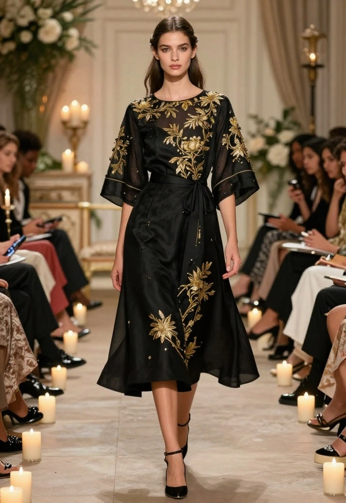 14 Black and Gold Outfits for Women That Keep Gold From Looking Costume - 9. Vintage-Inspired Black Dress with Gold Brocade 1
