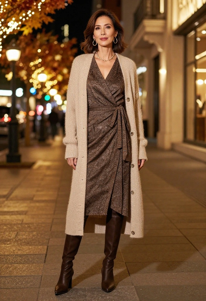 14 Fall Night Out Outfit Ideas for Women That Aren't Too Casual - 7. Trendy Wrap Dress with Long Cardigan 1