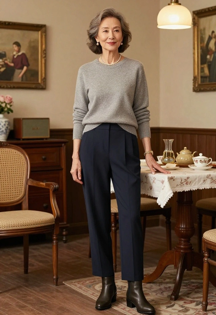 14 Grandma Core Outfit Ideas for Women That Look Vintage Not Dated - 3. Pleated Trousers and Sweater Combo 1