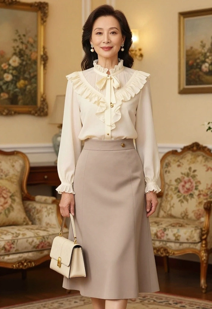 14 Grandma Core Outfit Ideas for Women That Look Vintage Not Dated - 4. Vintage-Inspired Blouse with High-Waisted Skirt 1