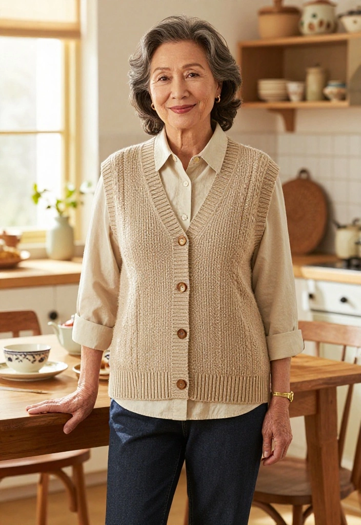 14 Grandma Core Outfit Ideas for Women That Look Vintage Not Dated - 7. Textured Knit Vest Over a Button-Up 1